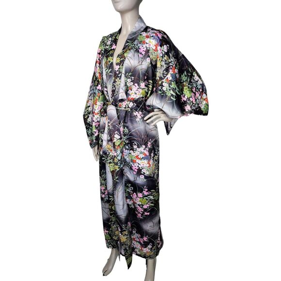 Vintage Silky Satin Black Garden Floral Belted Boho Kaftan Kimono Robe OSFM - Picture 3 of 10